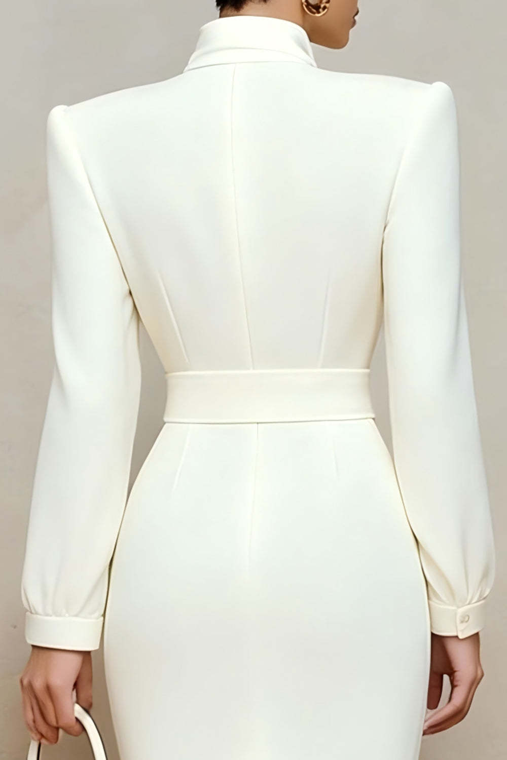 Ivory High Neck Pencil Long Sleeves Midi Work Dress with Bow