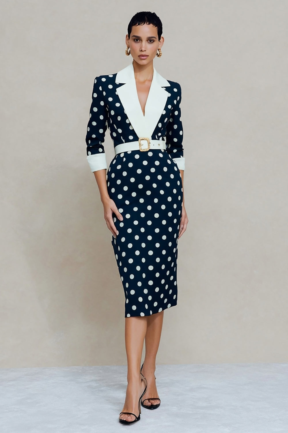 Navy and White Polka Dots Notched Lapel Pencil Midi Blazer Dress with Belt