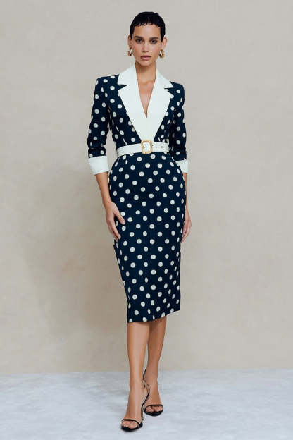 Leely Women Navy and White Polka Dots Midi Blazer Dress Notched Lapel Pencil 3/4 Sleeves Pencil Interview Dress with Belt