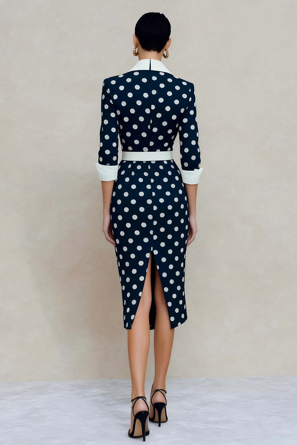 Navy and White Polka Dots Notched Lapel Pencil Midi Blazer Dress with Belt
