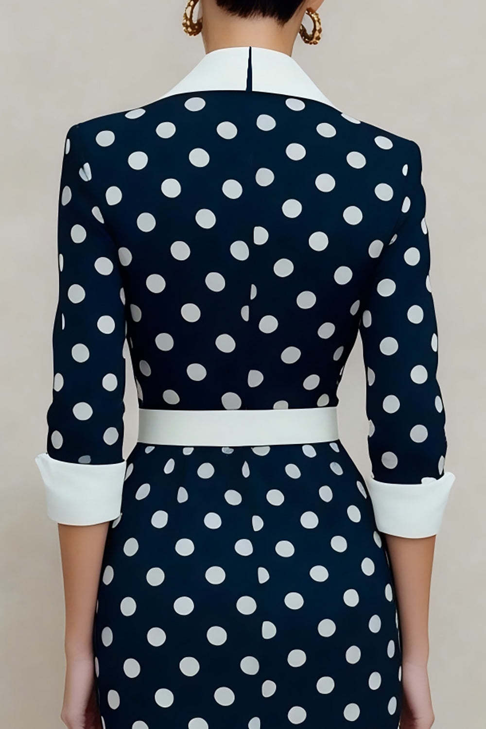 Navy and White Polka Dots Notched Lapel Pencil Midi Blazer Dress with Belt