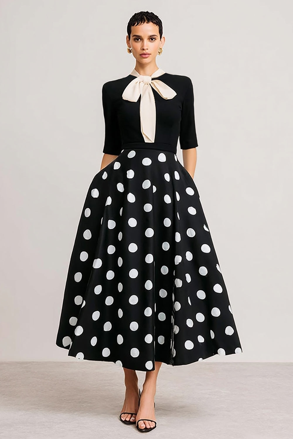 Leely Women Black and White Polka Dots Long Work Dress Short Sleeves A Line Semi Formal Dress with Bow