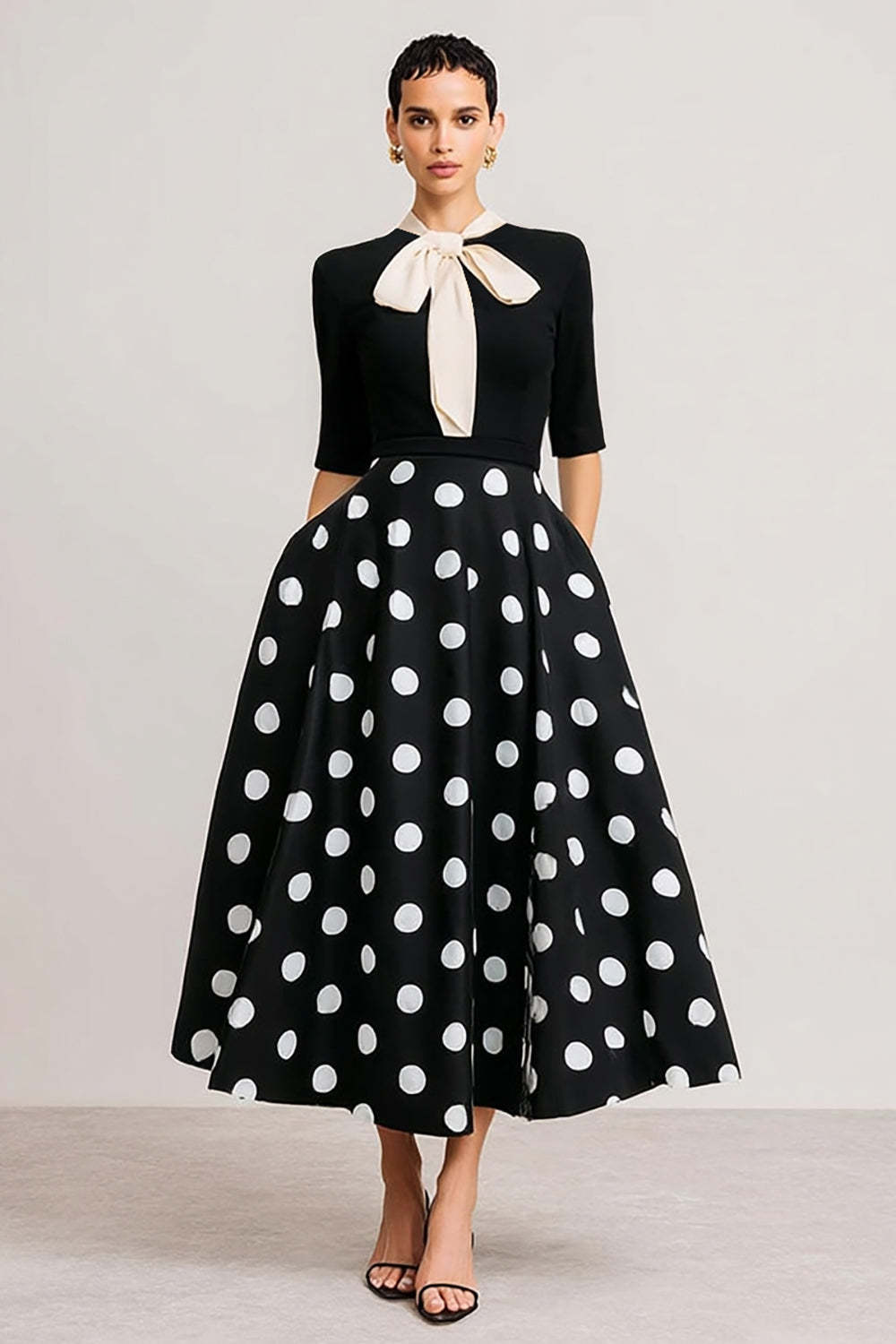 Leely Women Black and White Polka Dots Long Work Dress Short Sleeves A Line Semi Formal Dress with Bow