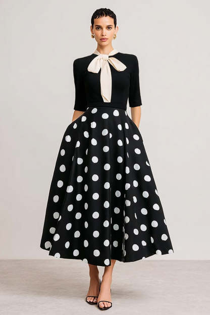 Leely Women Black and White Polka Dots Long Work Dress Short Sleeves A Line Semi Formal Dress with Bow