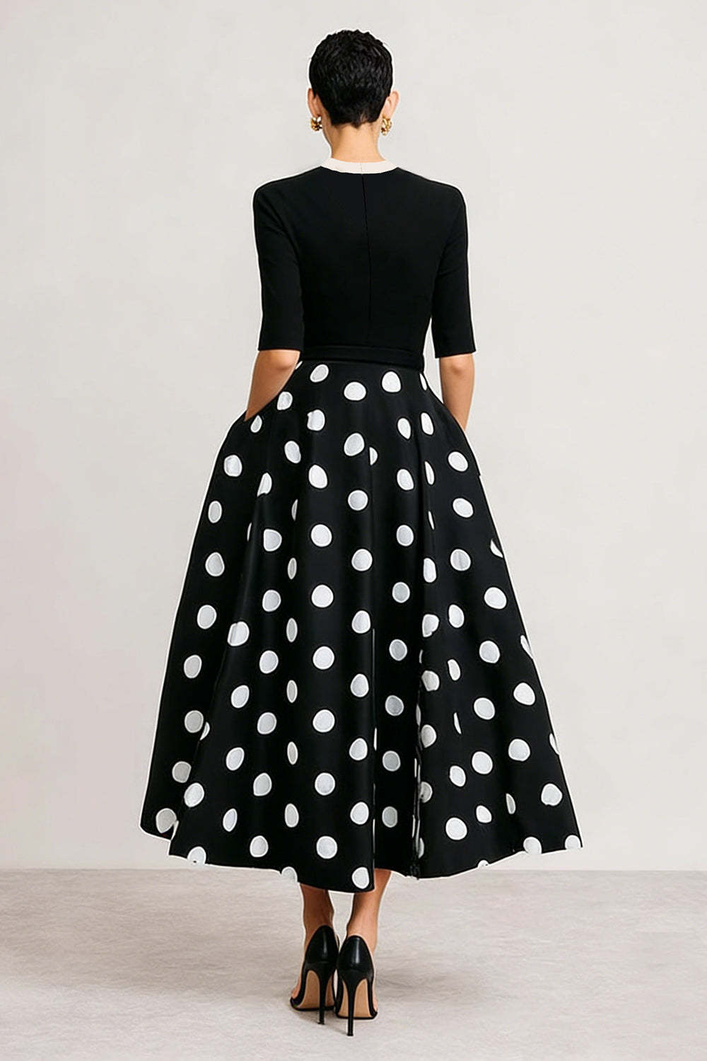 Black and White Polka Dots Long A Line Work Dress with Bow
