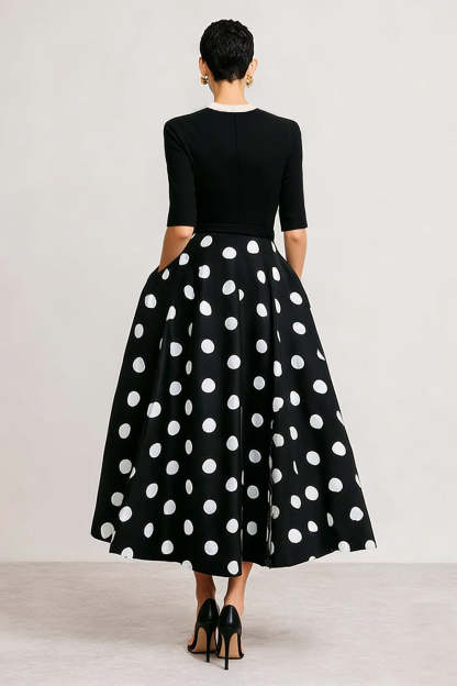 Black and White Polka Dots Long A Line Work Dress with Bow
