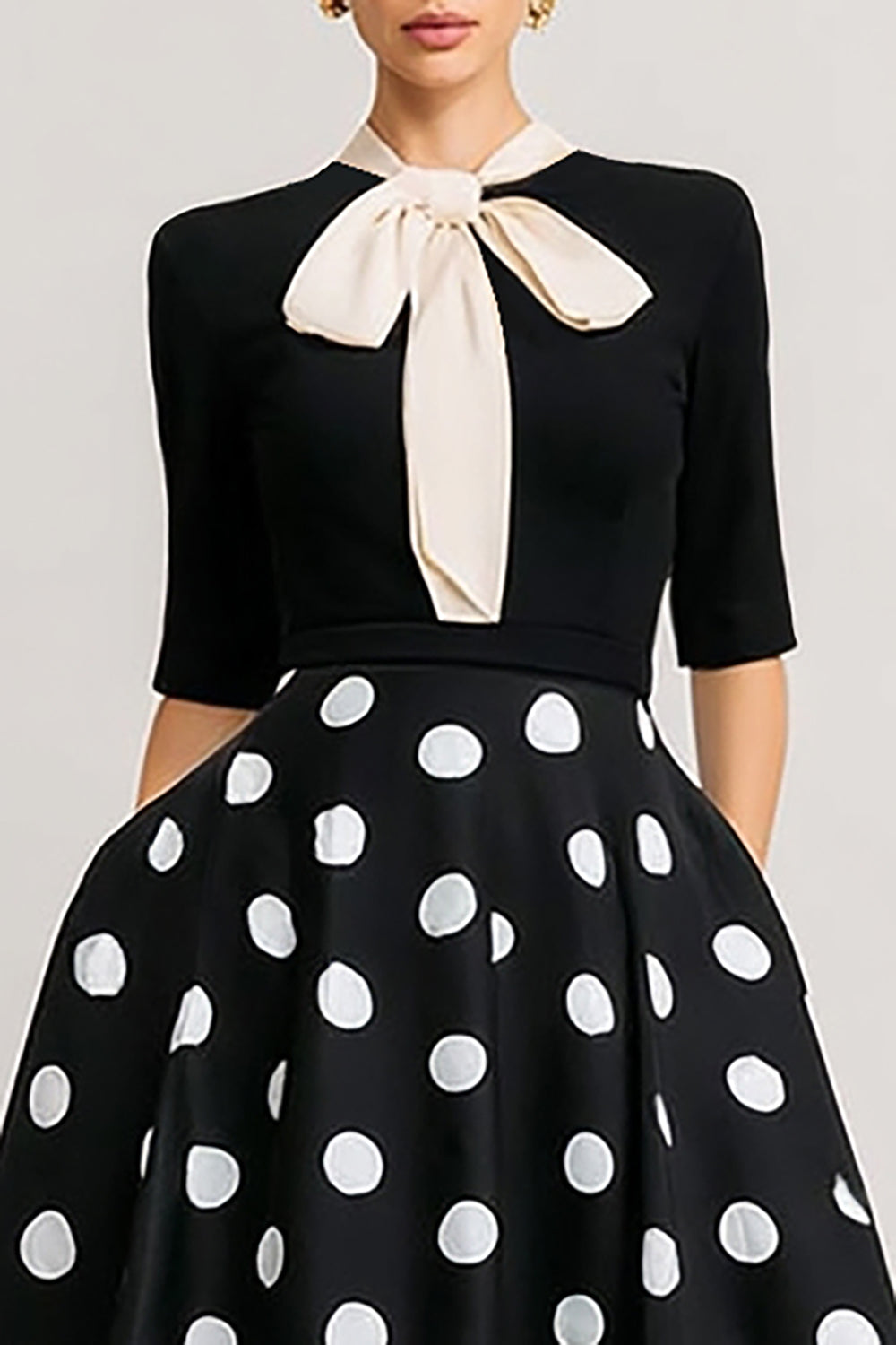 Black and White Polka Dots Long A Line Work Dress with Bow