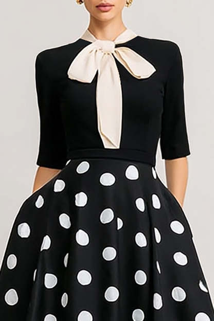 Black and White Polka Dots Long A Line Work Dress with Bow