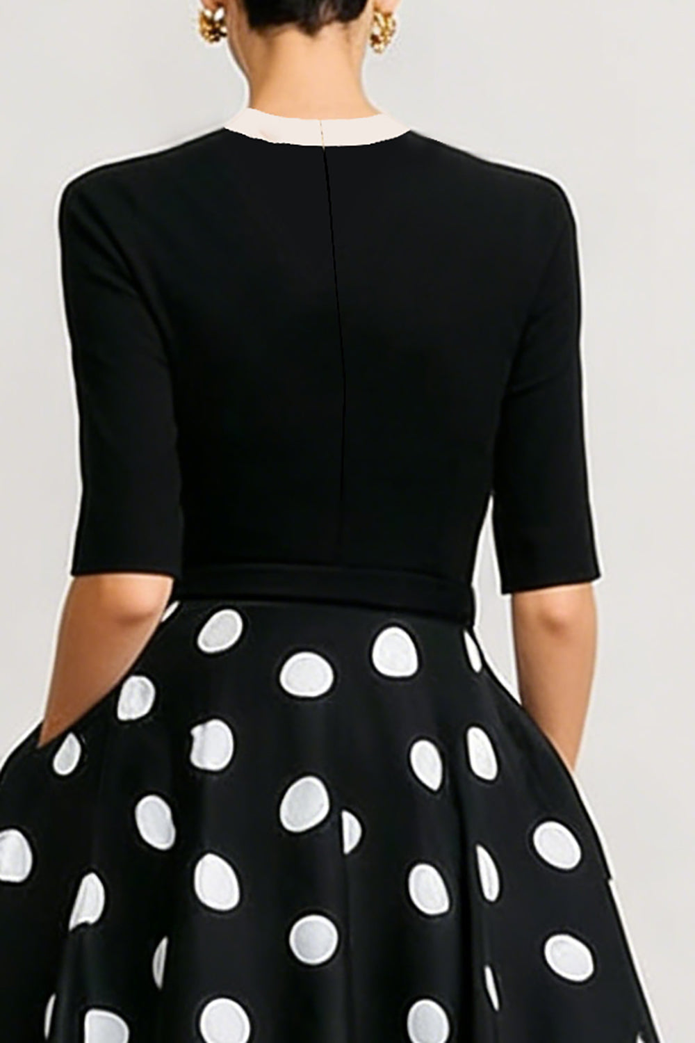 Black and White Polka Dots Long A Line Work Dress with Bow