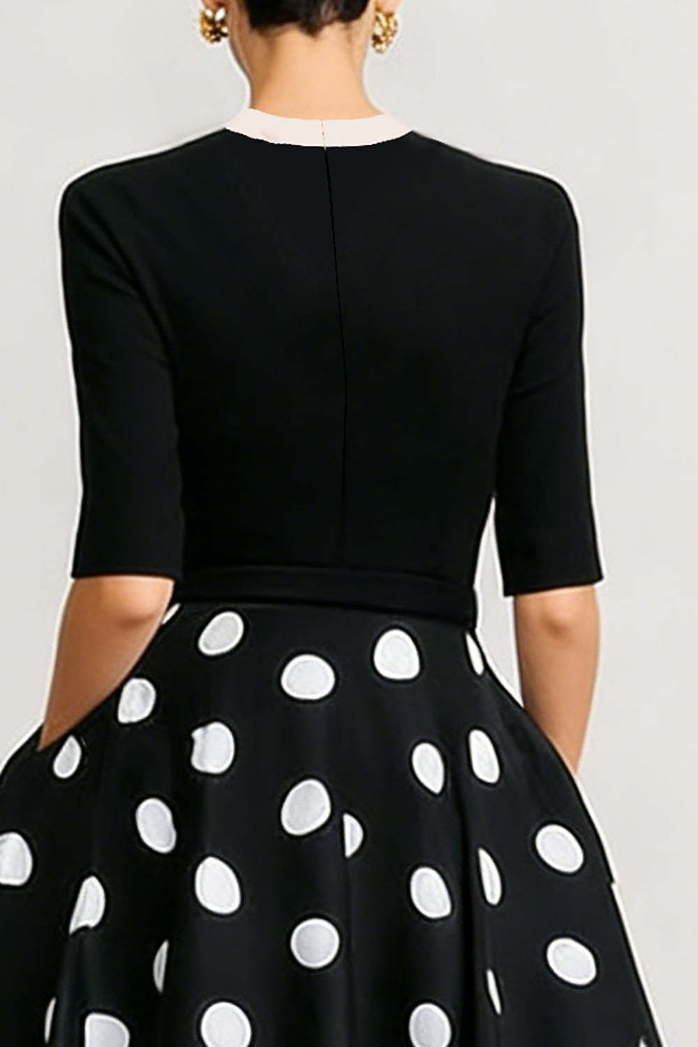 Black and White Polka Dots Long A Line Work Dress with Bow