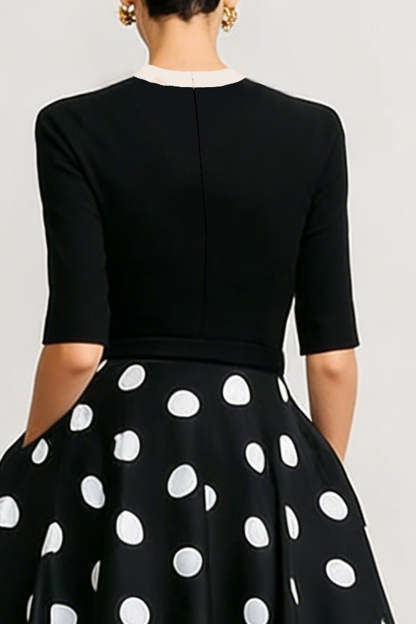 Black and White Polka Dots Long A Line Work Dress with Bow