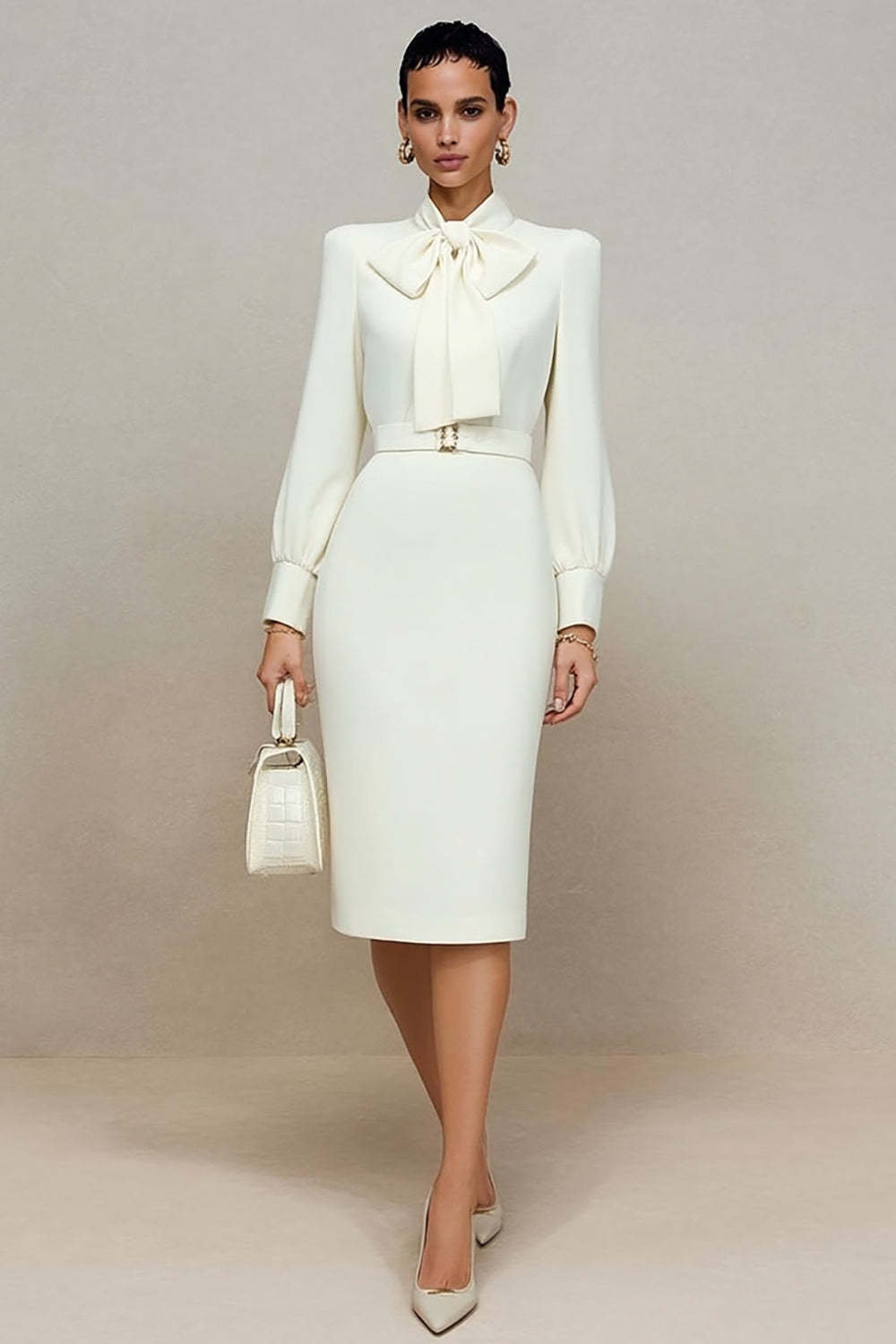 Leely Women Ivory Midi Pencil Work Dress with Bow Long Sleeves Business Dress with Slit