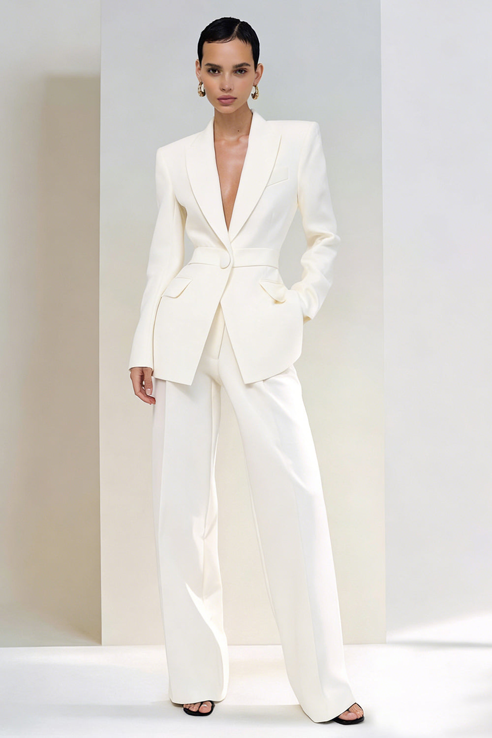 Leely Women Ivory 2 Piece Business Suits Single Breasted Peak Lapel Work Pantsuits