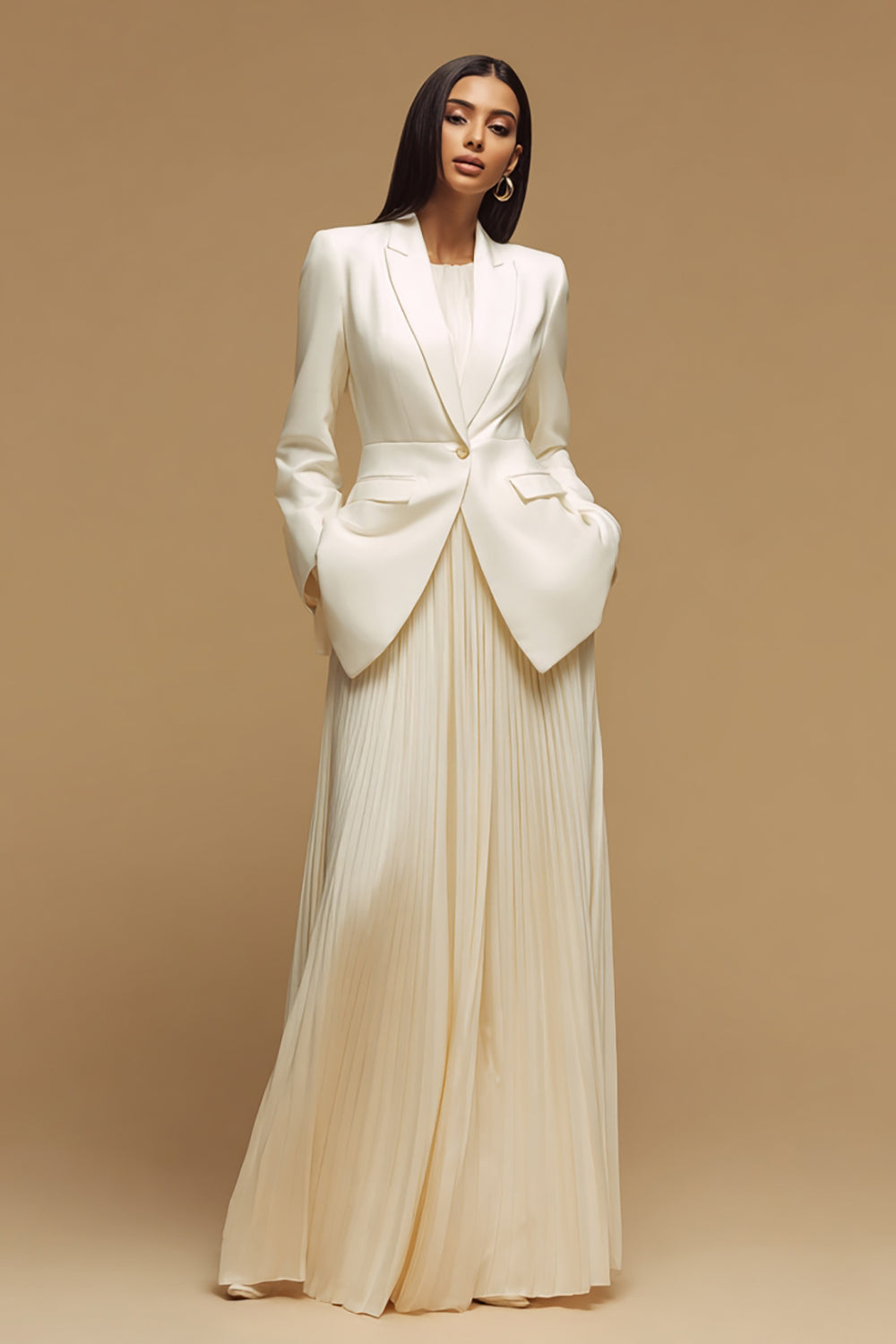 Leely Women Ivory 2 Piece Satin Long Blazer Dress Suits Peak Lapel Single Breasted Work Suits