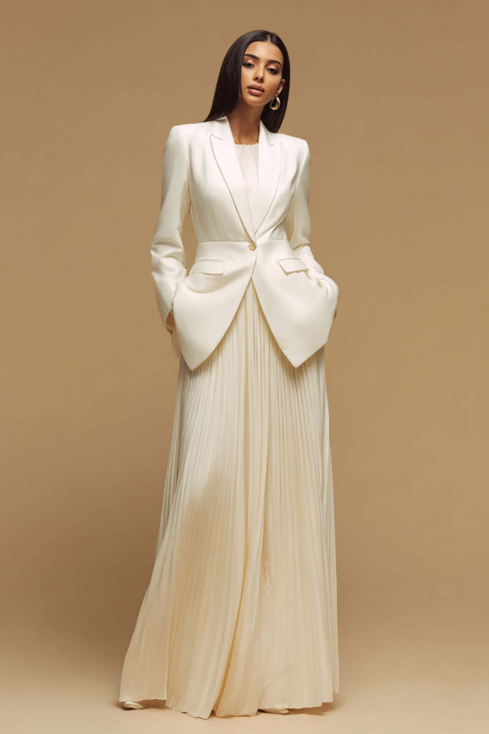 Leely Women Ivory 2 Piece Satin Long Blazer Dress Suits Peak Lapel Single Breasted Work Suits