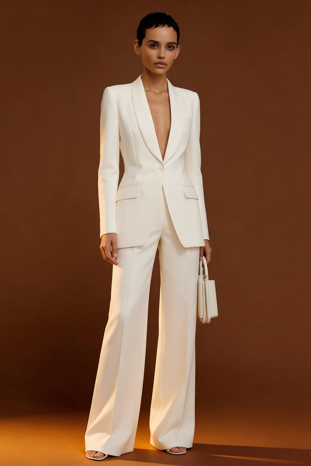 Leely Women Ivory 2 Piece Business Suits Shawl Lapel Single Breasted Work Pantsuits