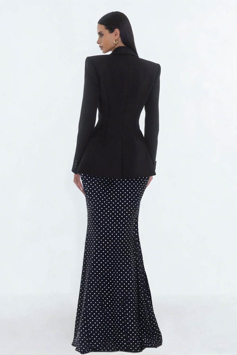 2 Piece Black Polka Dots Peak Lapel Mermaid Long Business Suits