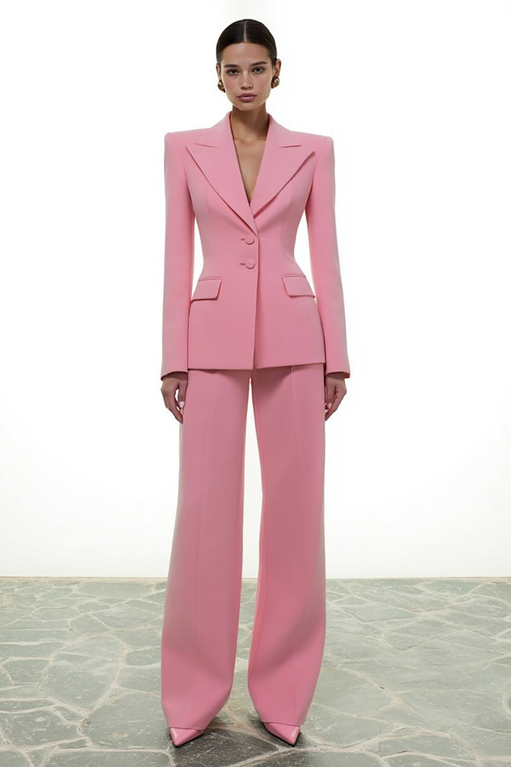 Leely Women Pink 2 Piece Business Suits Peak Lapel Single Breasted Work Pantsuits