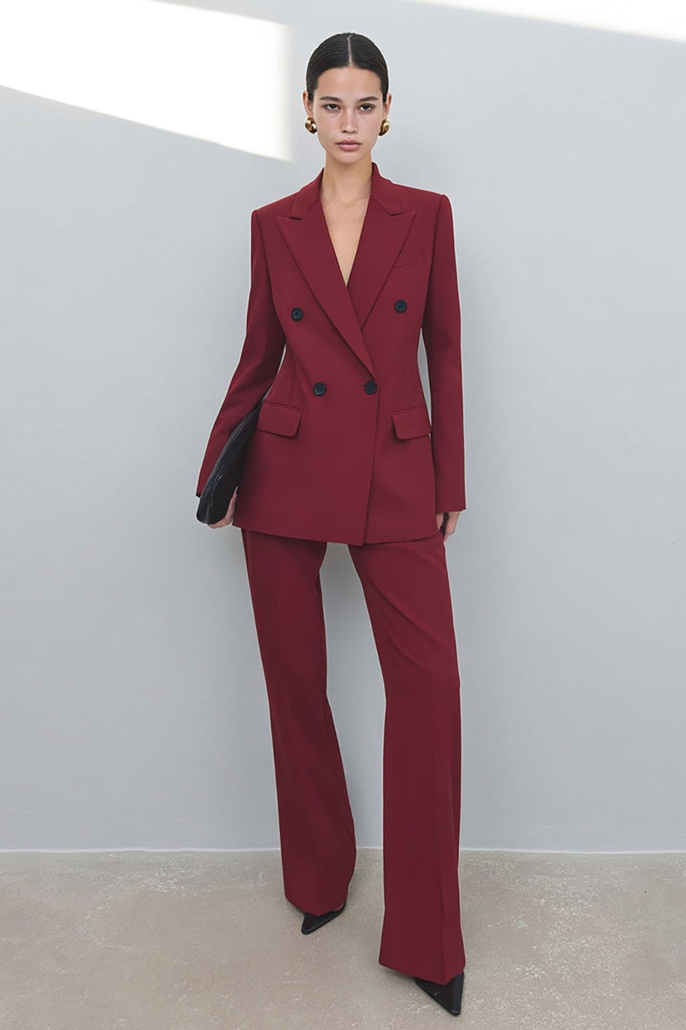 Leely Women 2 Piece Burgundy Prom Suits Peak Lapel Double Breasted Business Pantsuits