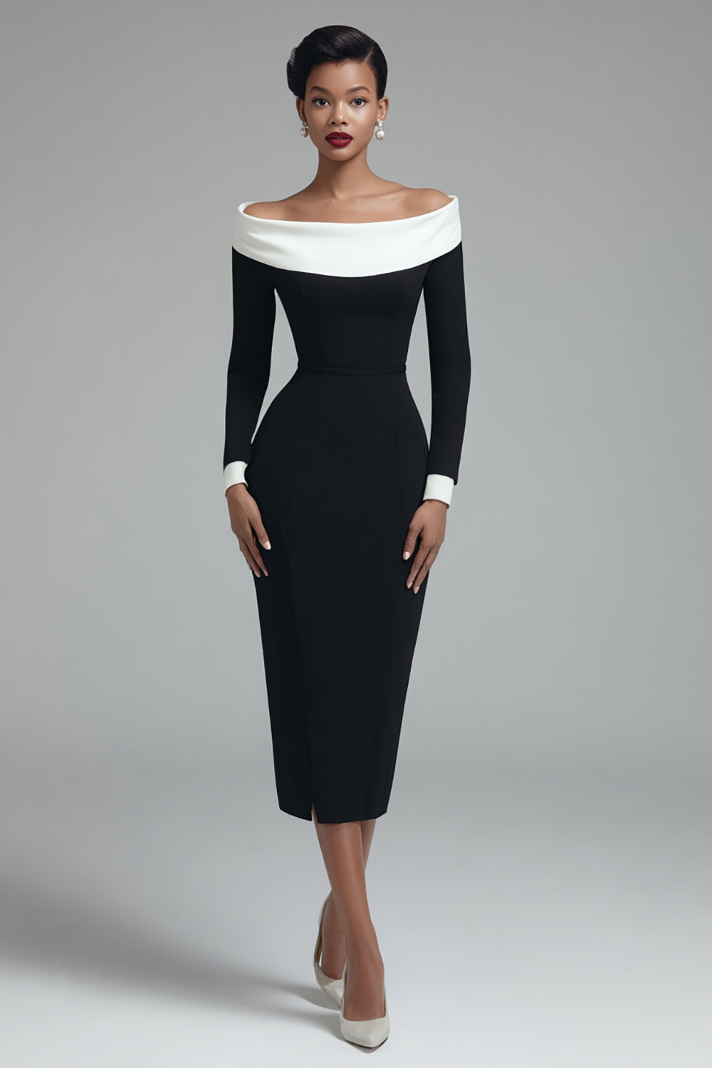 Black Pencil Off the Shoulder Midi Work Dress with Slit