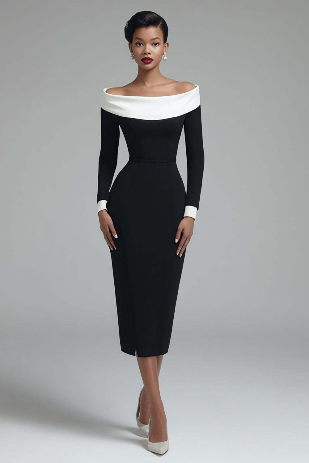 Leely Women Black Pencil Midi Work Dress with Slit Off the Shoulder Business Dress with Sleeves