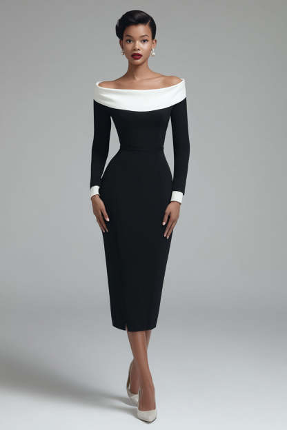 Leely Women Black Pencil Midi Work Dress with Slit Off the Shoulder Business Dress with Sleeves