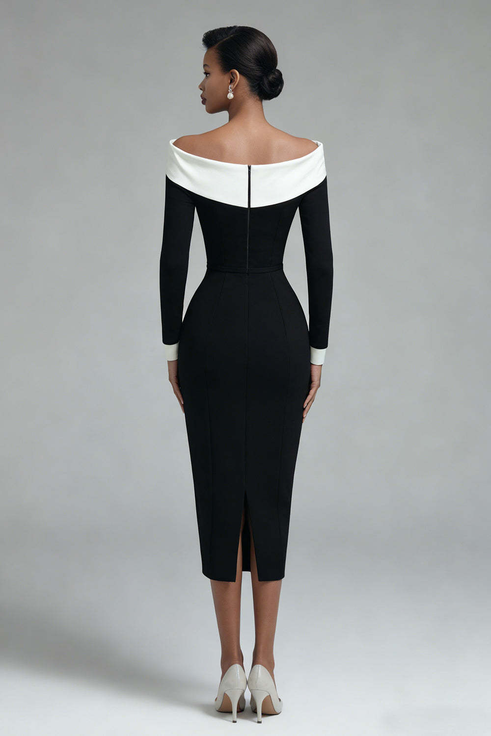 Black Pencil Off the Shoulder Midi Work Dress with Slit