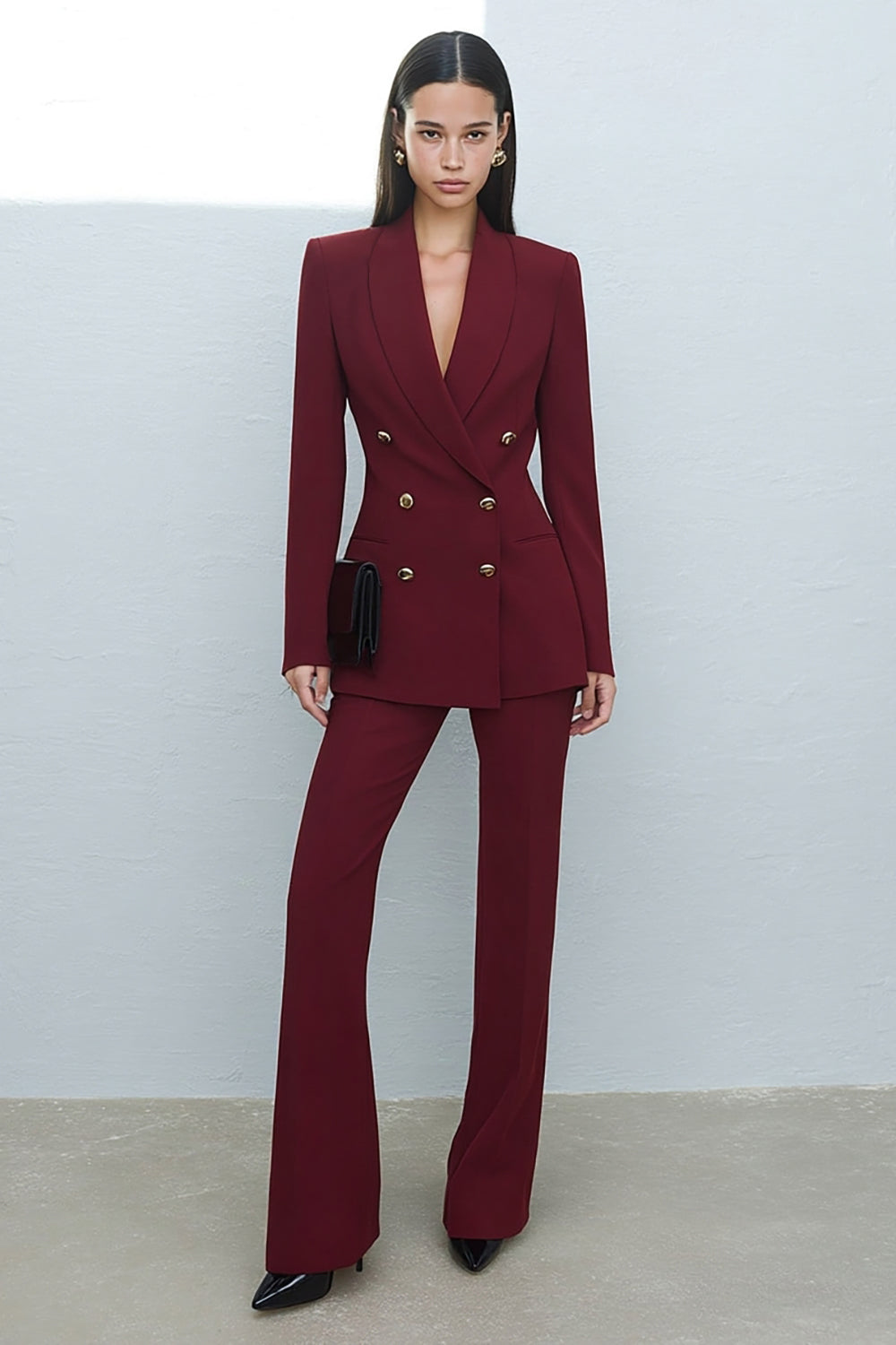 Burgundy 2 Piece Shawl Lapel Double Breasted Prom Suits with Buttons