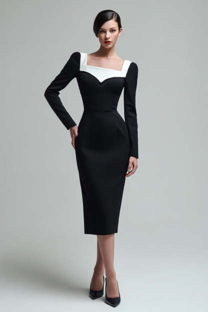 midi formal dress for women for interview Leely Black Work with Slit Square Neck Pencil Dress with Sleeves formal dress for interview female