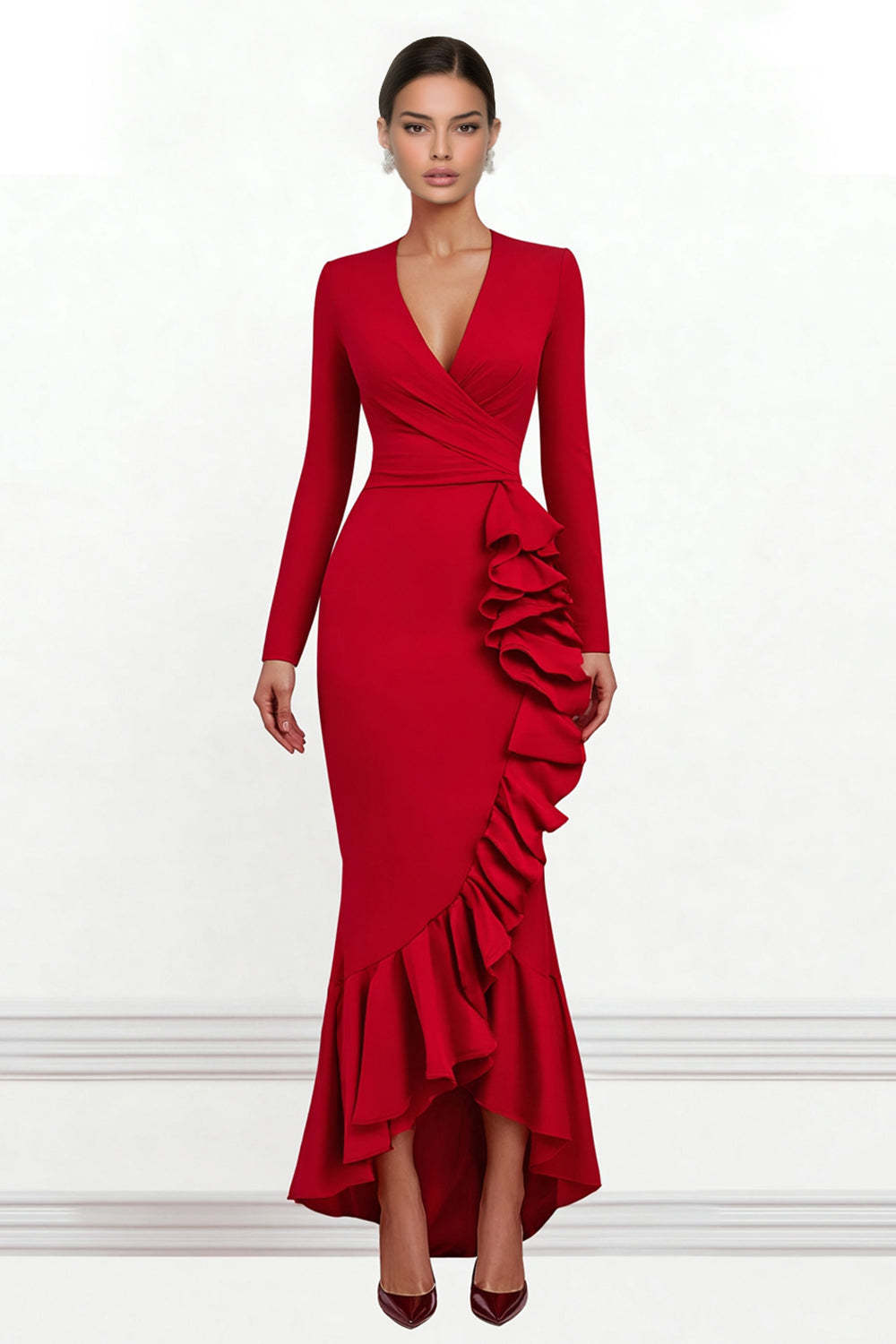 Leely Women Red Ruffled Asymmetrical Formal Dress V Neck Mermaid Ruched Evening Dress with Sleeves