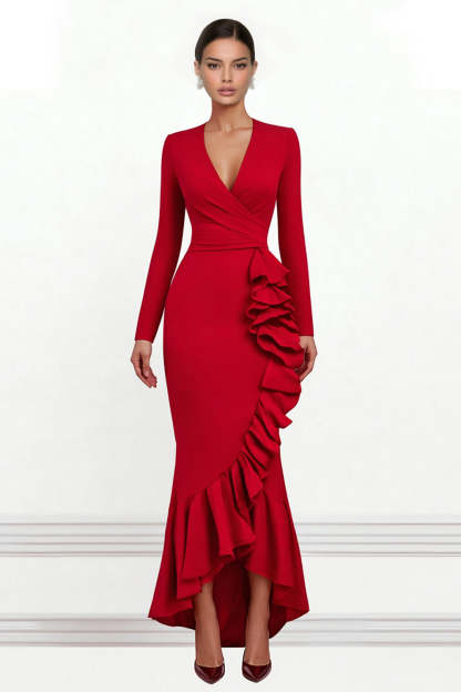 Leely Women Red Ruffled Asymmetrical Formal Dress V Neck Mermaid Ruched Evening Dress with Sleeves