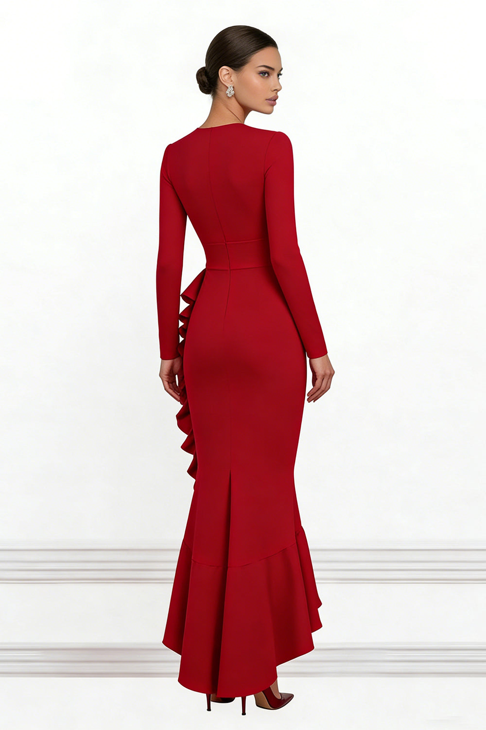 Red Ruffled Mermaid V Neck Asymmetrical Formal Dress with Sleeves