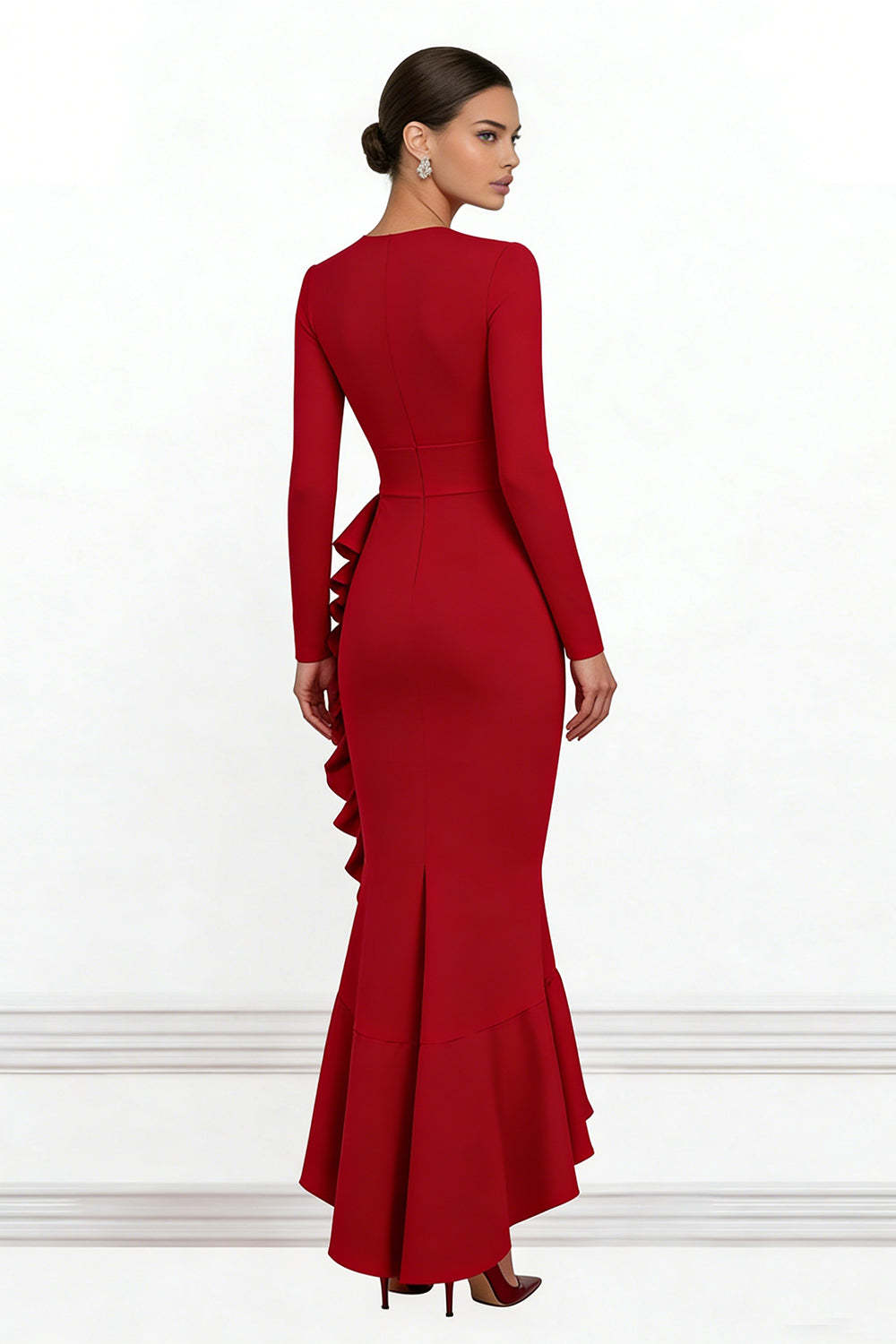 Red Ruffled Mermaid V Neck Asymmetrical Formal Dress with Sleeves