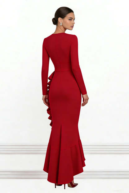 Red Ruffled Mermaid V Neck Asymmetrical Formal Dress with Sleeves