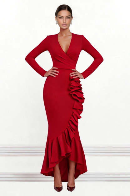 Red Ruffled Mermaid V Neck Asymmetrical Formal Dress with Sleeves