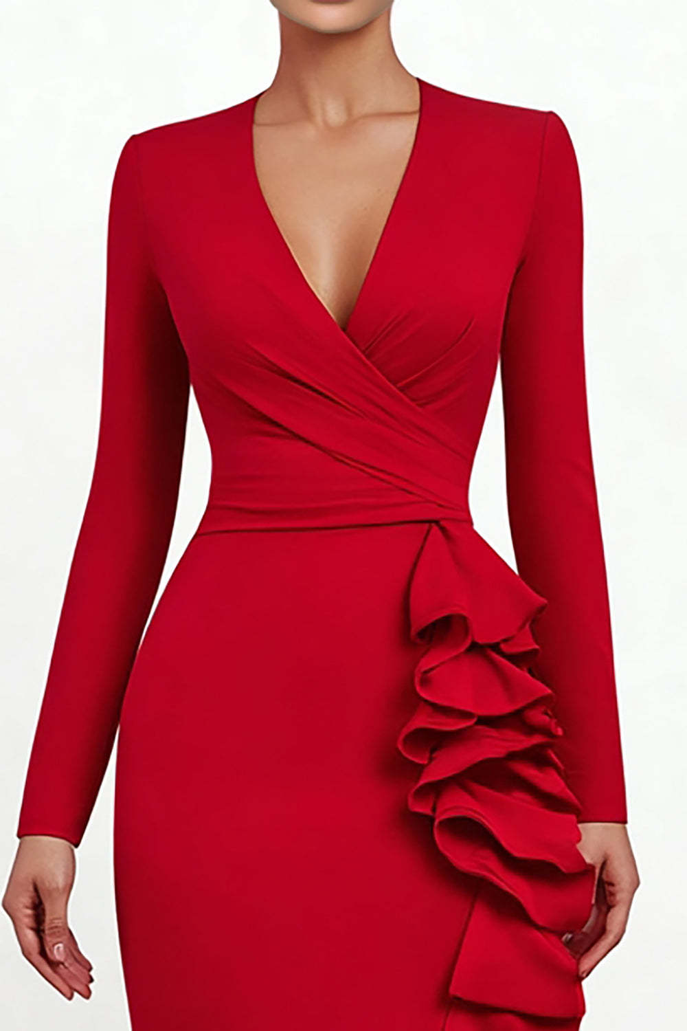 Red Ruffled Mermaid V Neck Asymmetrical Formal Dress with Sleeves