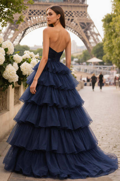Navy Ruffled Princess Tiered Tulle Long Prom Dress with Slit