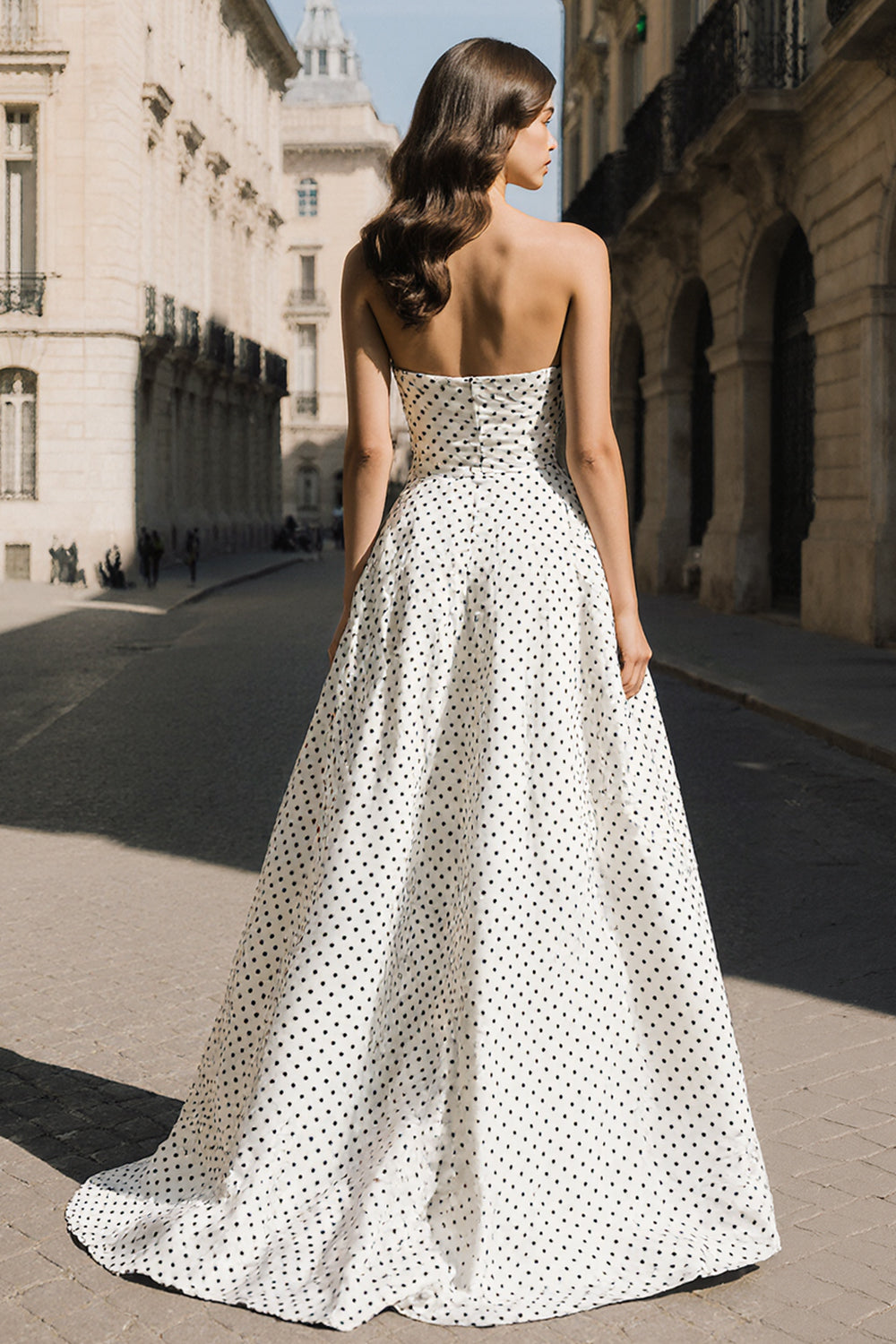 White and Black Polka Dots A-Line Strapless Long Prom Dress