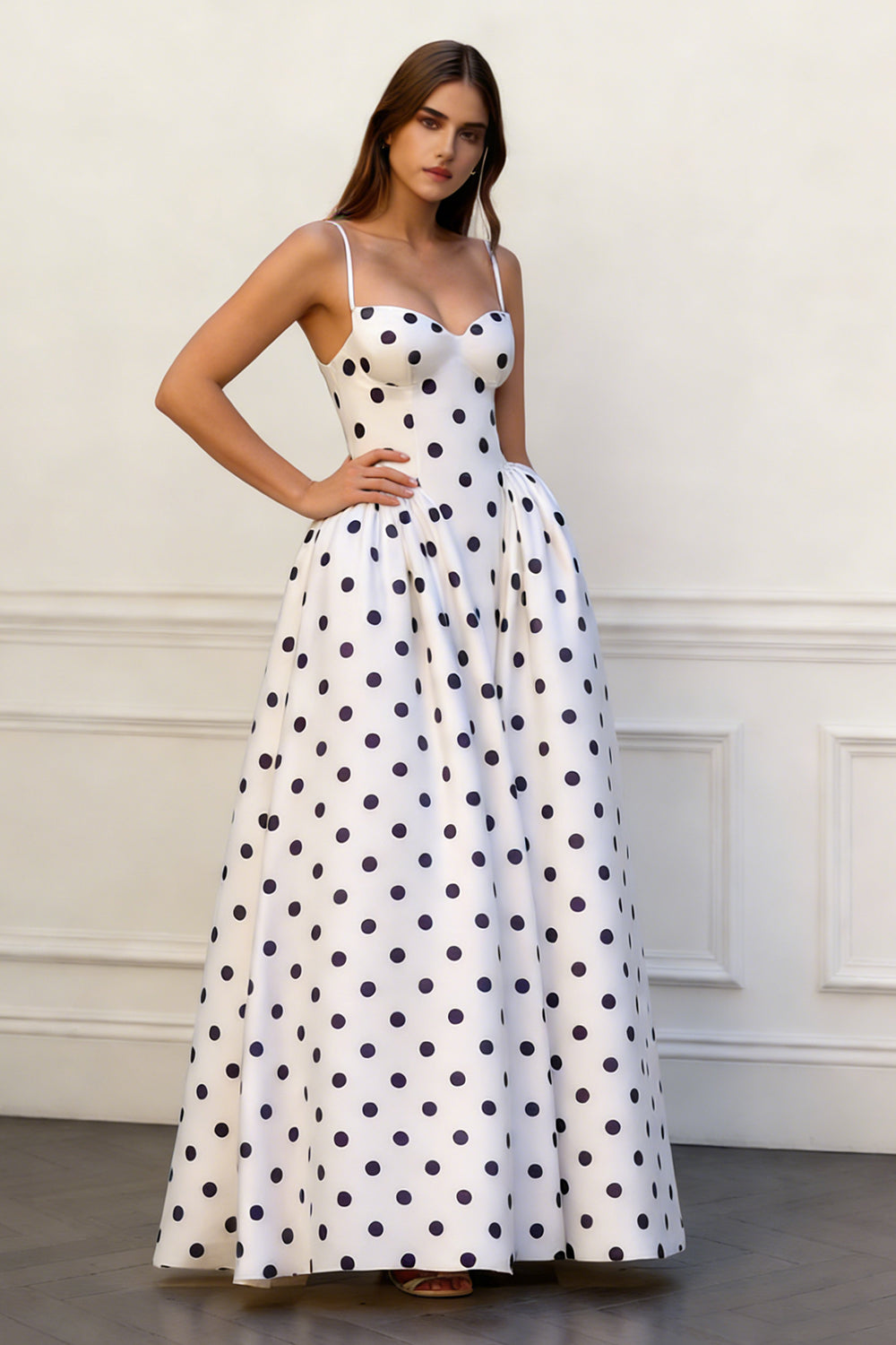 White and Black Polka Dots A-Line Spaghetti Straps Long Prom Dress