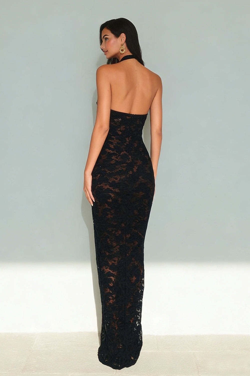 Black Halter Neck Backless Sheath Long Wedding Guest Dress