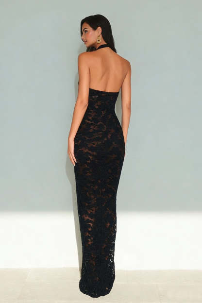 Black Halter Neck Backless Sheath Long Wedding Guest Dress
