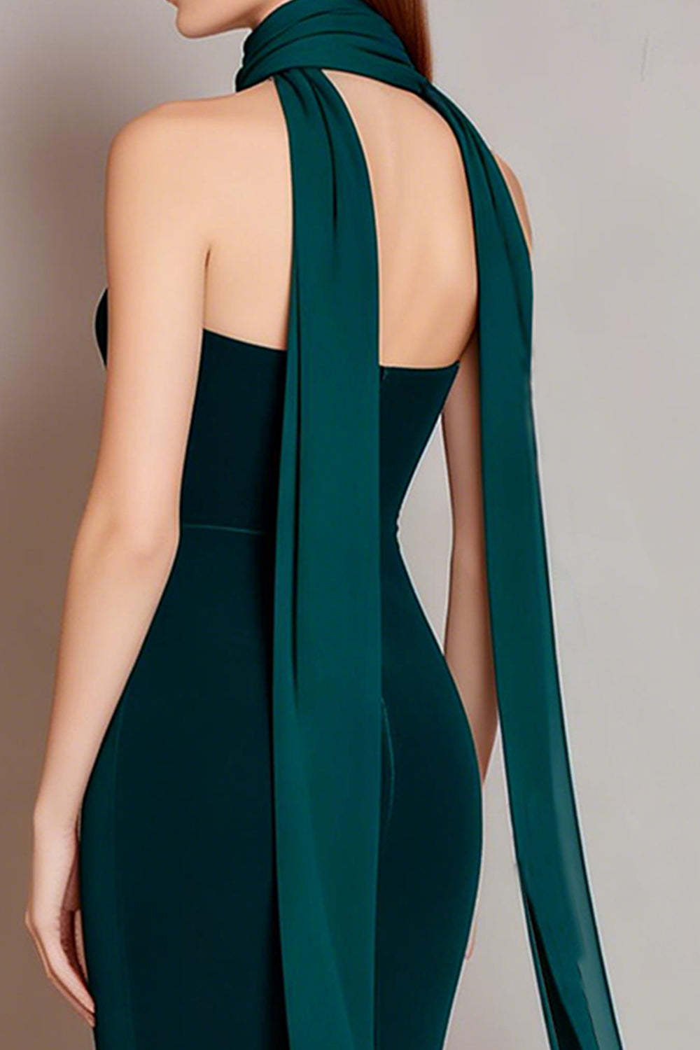 Dark Green Neck Scarf Mermaid Long Wedding Guest Dress