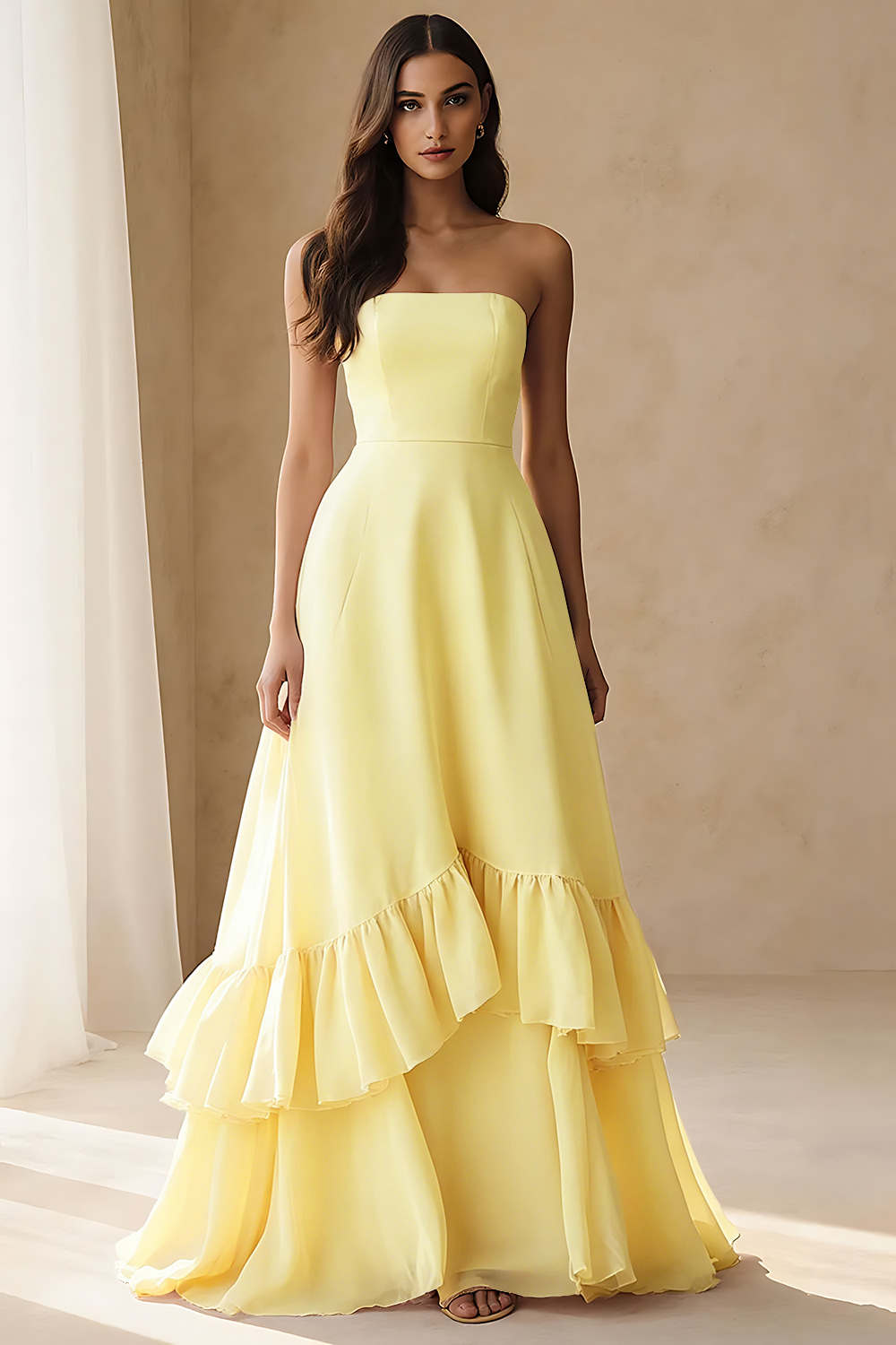 Light Pink Tiered A Line Ruffled Long Wedding Guest Dress