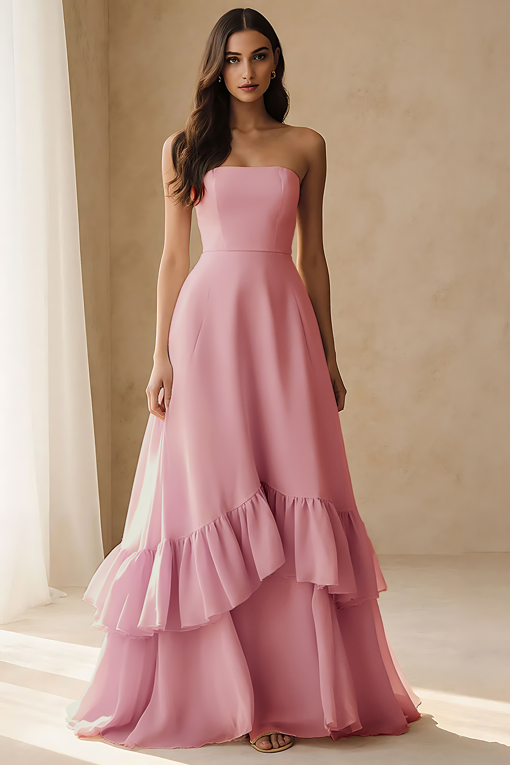 Light Pink Tiered A Line Ruffled Long Wedding Guest Dress