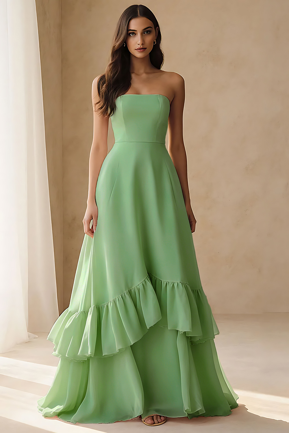Light Pink Tiered A Line Ruffled Long Wedding Guest Dress