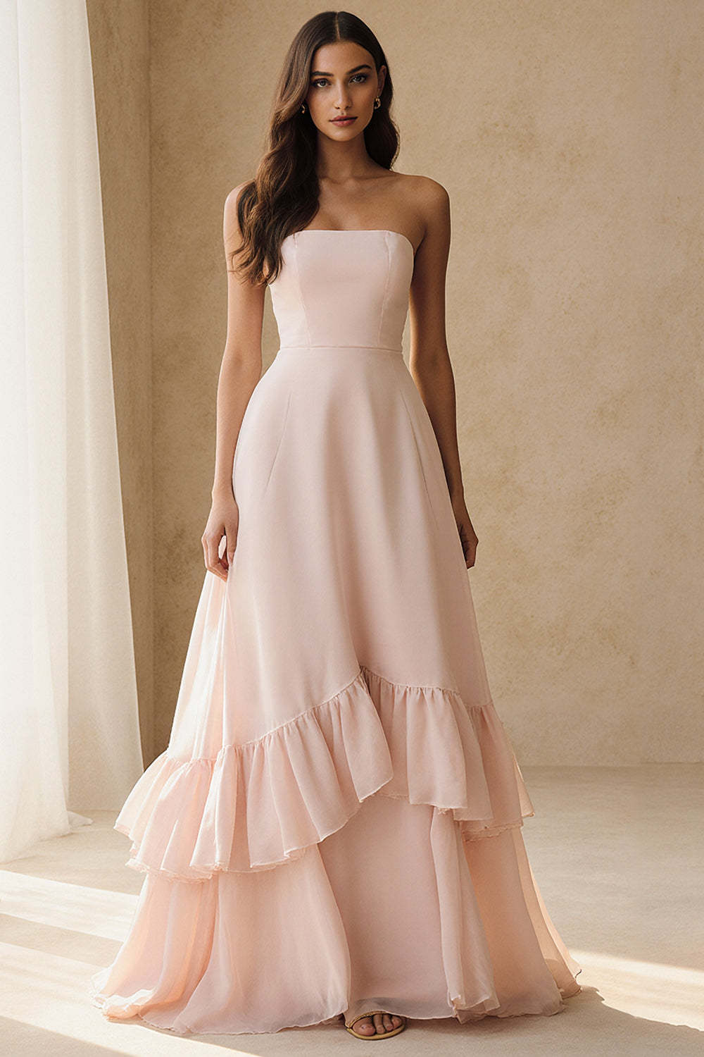 Leely Women Light Pink Tiered Long Wedding Guest Dress with Ruffles A Line Strapless Formal Dress
