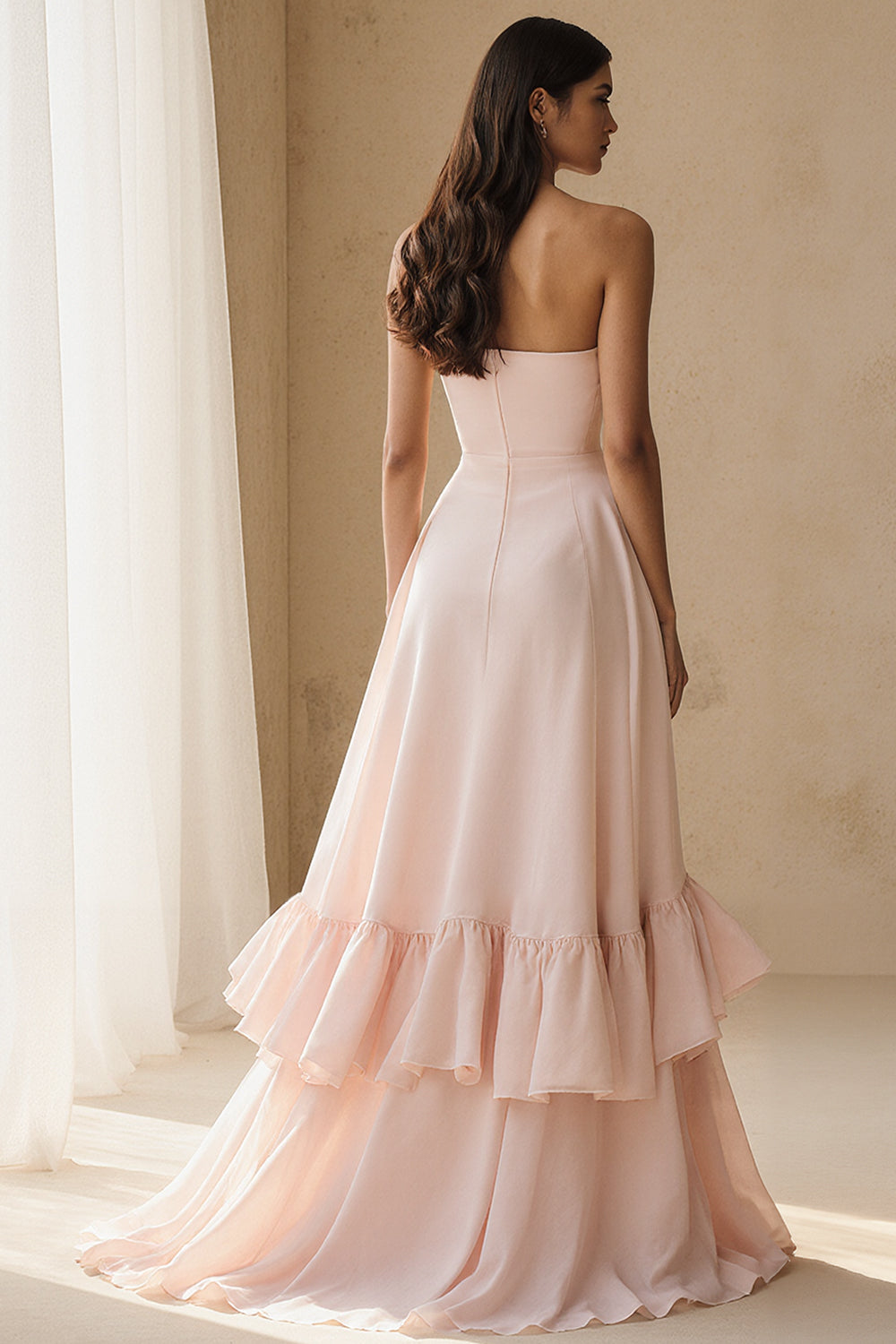 Light Pink Tiered A Line Ruffled Long Wedding Guest Dress