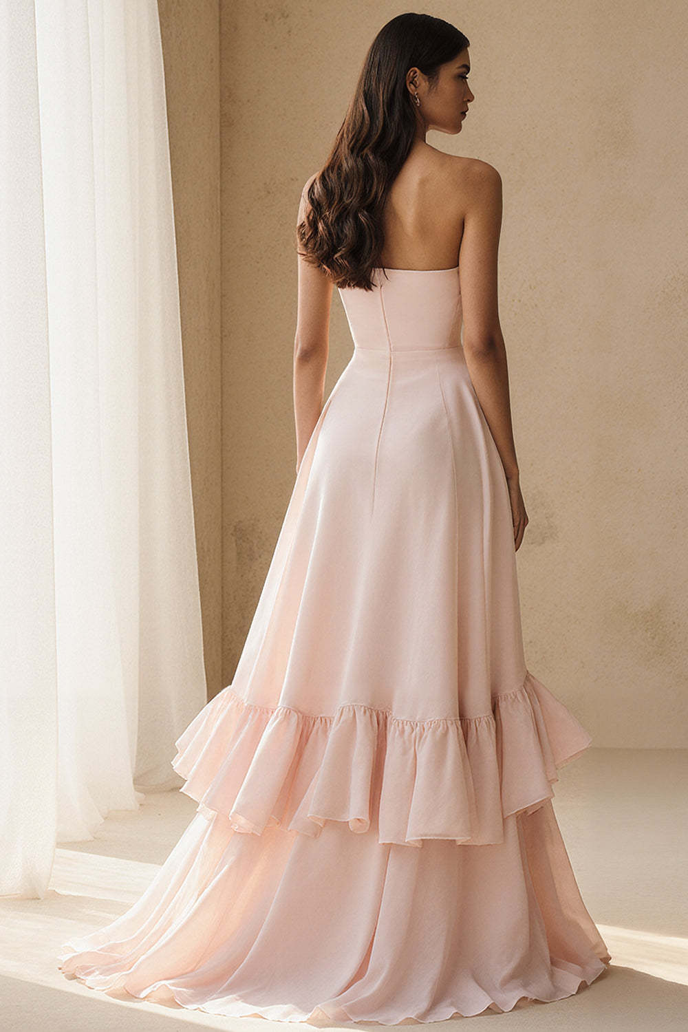 Light Pink Tiered A Line Ruffled Long Wedding Guest Dress