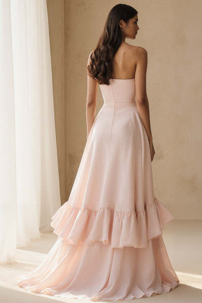 Light Pink Tiered A Line Ruffled Long Wedding Guest Dress
