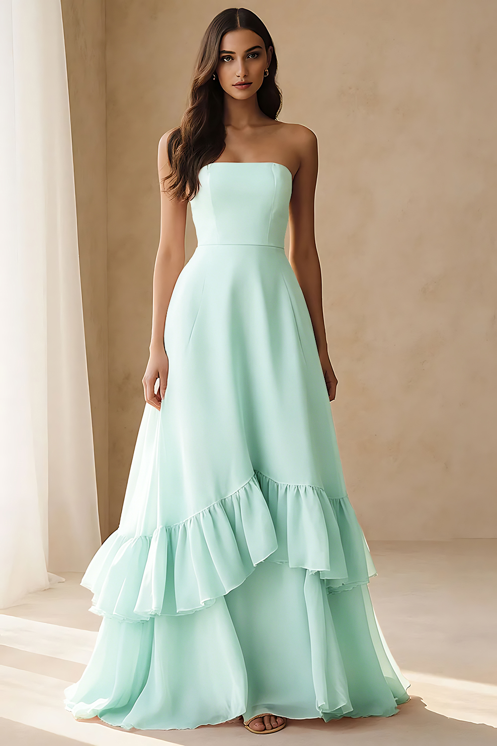 Light Pink Tiered A Line Ruffled Long Wedding Guest Dress